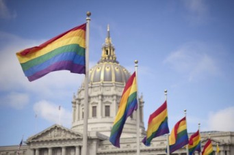 Utah state capitol building with pride flags