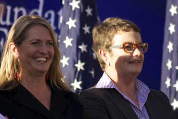 Sandy Stier and Kris Perry at the rally. (Photo: Gail Ehrlich)
