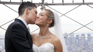 Newlywed lesbian couple kissing