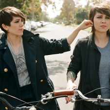 Tegan and Sarah on bicycles