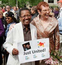 Vernita Gray and Patricia Ewert, the first same-sex couple to be wed in Illinois, at their previous civil union in 2011. (Photo via LGBTQNation)