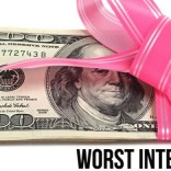 Stack of money wrapped in pink ribbon with the words Worst Intentions under it