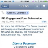 Lesbian couple's engagement announcement rejected