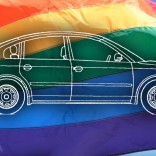 Honda superimposed on a rainbow flag