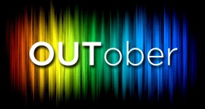 Outober sign with rainbow background