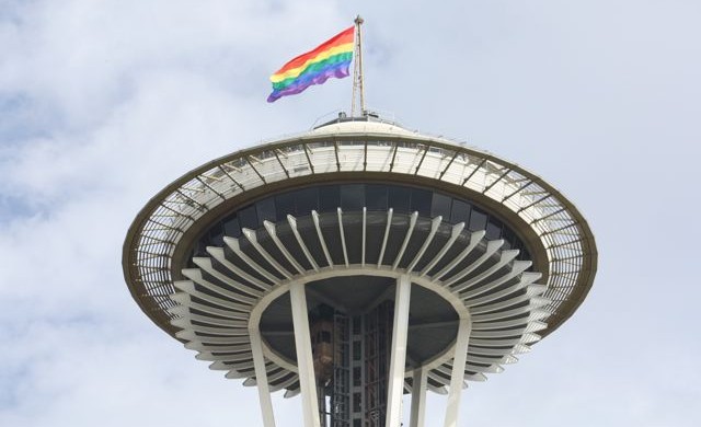 Pride flag atop the Seattle Space Needle