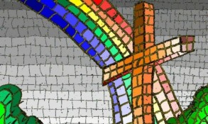 Stained glass cross with rainbow