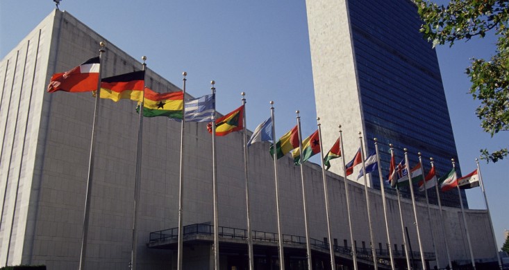 Flags in front of United Nations