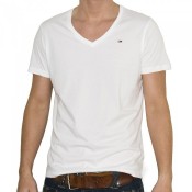 Man in white v-neck t-shirt