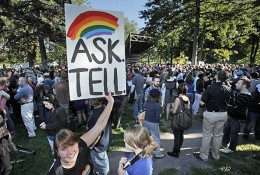 Anti DADT sign "Ask, Tell" with rainbow