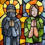 Stained glass picture of a Muslim and a Christian