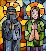 Stained glass picture of a Muslim and a Christian
