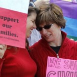 Lesbian partners embracing with pro-Civil Union signs