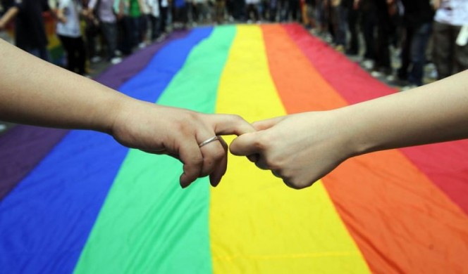 Lesbians holding hands in front of large Pride flag