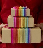 holiday gifts with rainbow wrapping