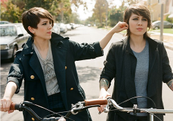Tegan and Sarah on bicycles