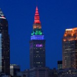 Cleveland's Terminal Tower in rainbow lights.