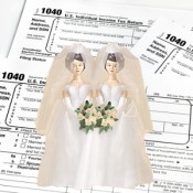 Two brides cake toppers with tax forms